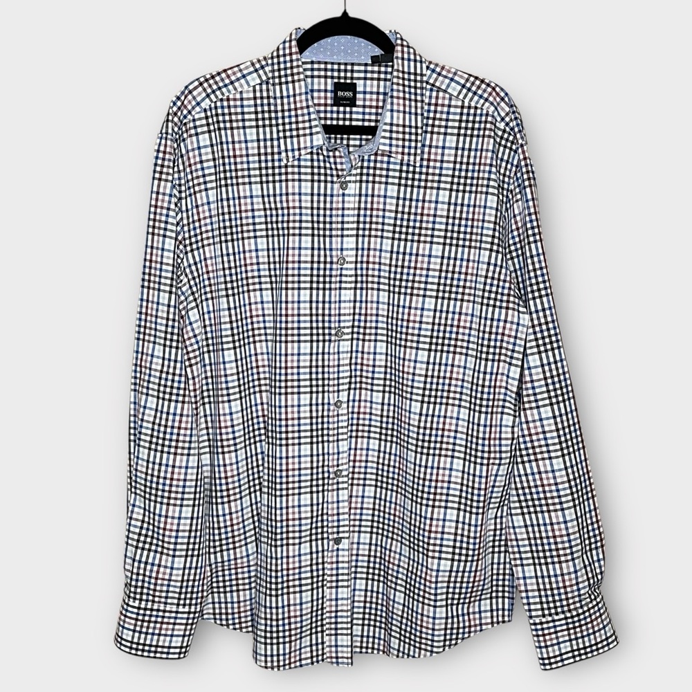 HUGO BOSS blue & purple plaid check gingham cotton button down shirt size 2XL - Picture 2 of 7